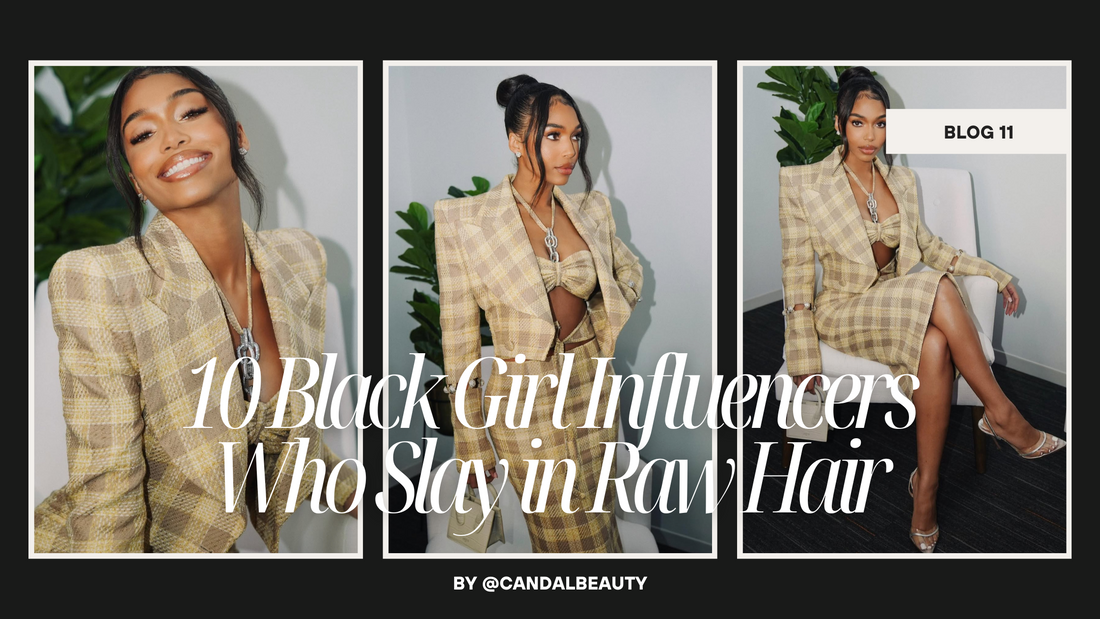 Collage of a Black girl influencer wearing raw hair bundles styled three ways — sleek straight, side part, and glam waves.