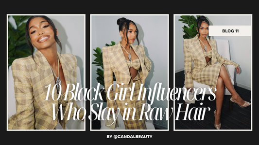 Collage of a Black girl influencer wearing raw hair bundles styled three ways — sleek straight, side part, and glam waves.