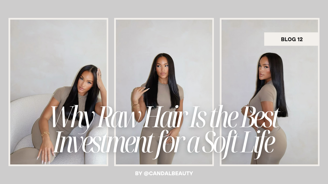 Woman wearing straight raw hair styled in a sleek middle part, showcasing soft glam with three side-by-side poses.