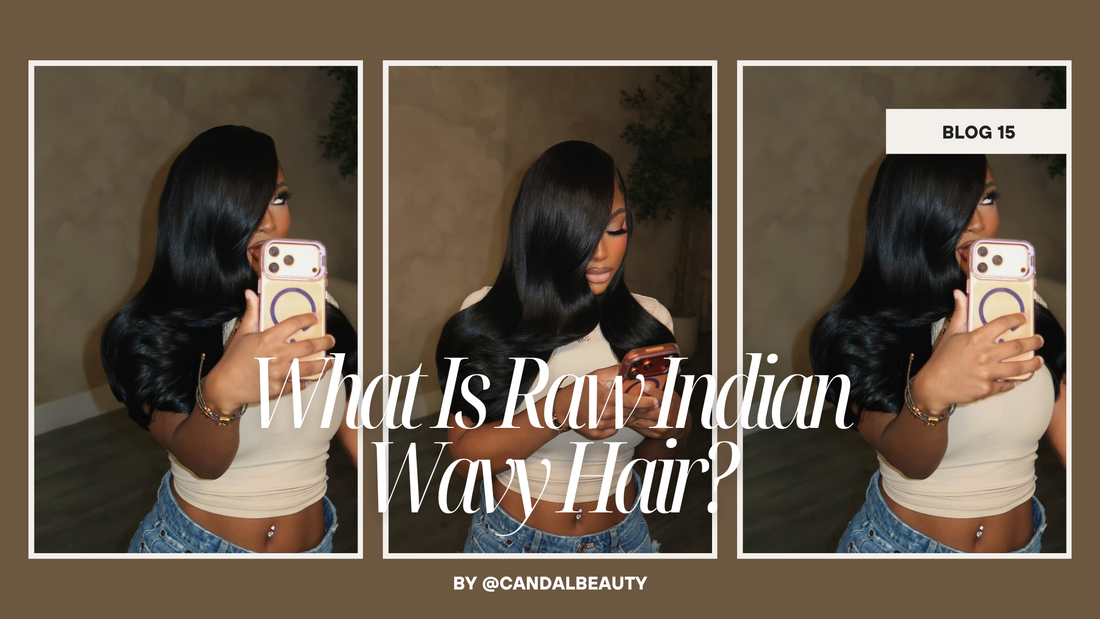 raw Indian wavy hair extensions by Candal Beauty — long, silky, natural black waves in a mirror selfie