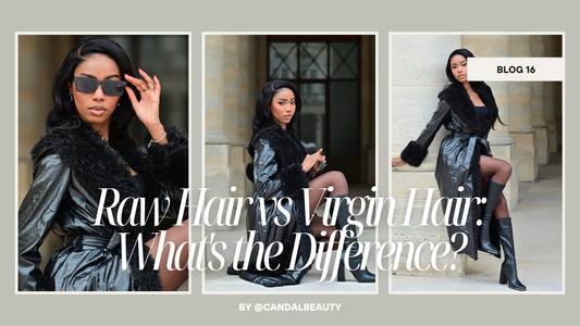 Model wearing raw hair extensions in a black leather and faux fur look — three-panel fashion editorial banner for "Raw Hair vs Virgin Hair" blog post by Candal Beauty