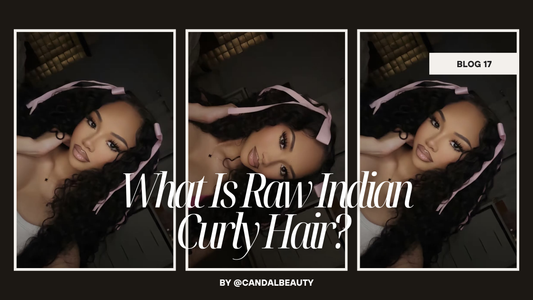 Black girl with natural raw Indian curly hair styled in pink ribbon curlers — three-panel fashion blog banner for "What Is Raw Indian Curly Hair?" by Candal Beauty
